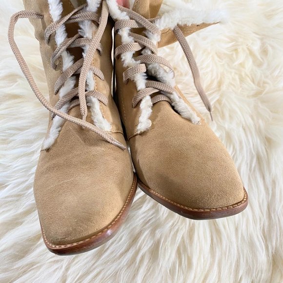 Vintage Talbots Made In Brazil Suede Fur Lined Tan Lace Up Boot Sz 7.5B - Picture 4 of 11